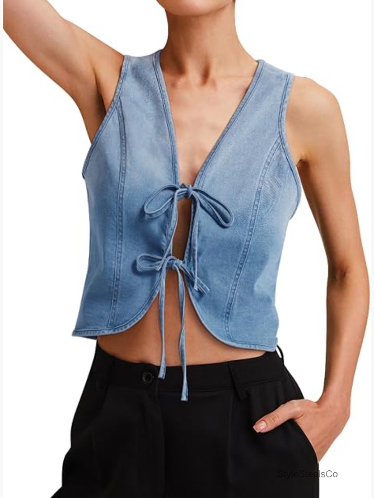 Sleeveless Denim Crop Vest Tie Up Front Retro Jean Top
